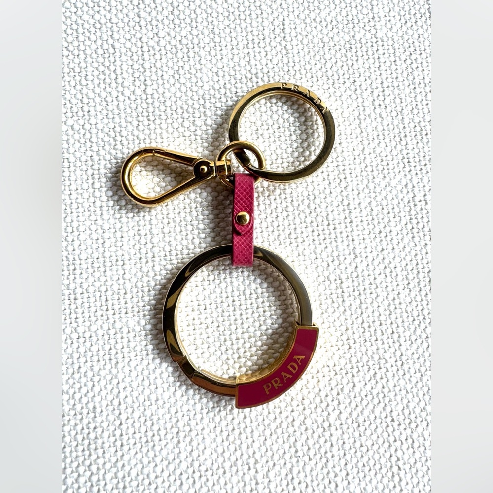 PRADA Pink Enamel Logo Keychain Bag Charm Gold Tone - Picture 5 of 5